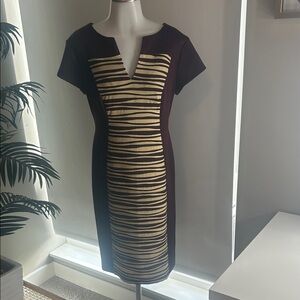 Connected Apparel Black and Tan Patterned Midi Dress